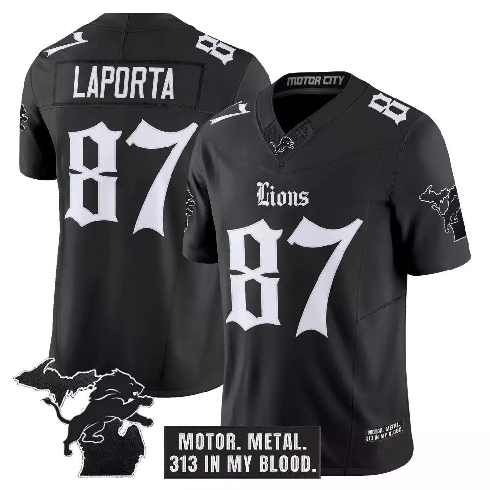 Laporta Motor 87 Lions Jersey Black City Michigan State Outline Lion Men Replica