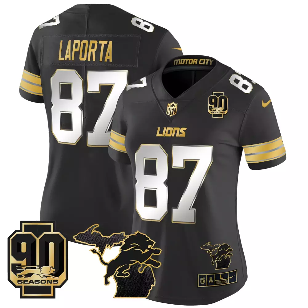 Sam Laporta 87 Lions Jersey Black 90th Season 90 Seasons Motor City Men NFL Gold