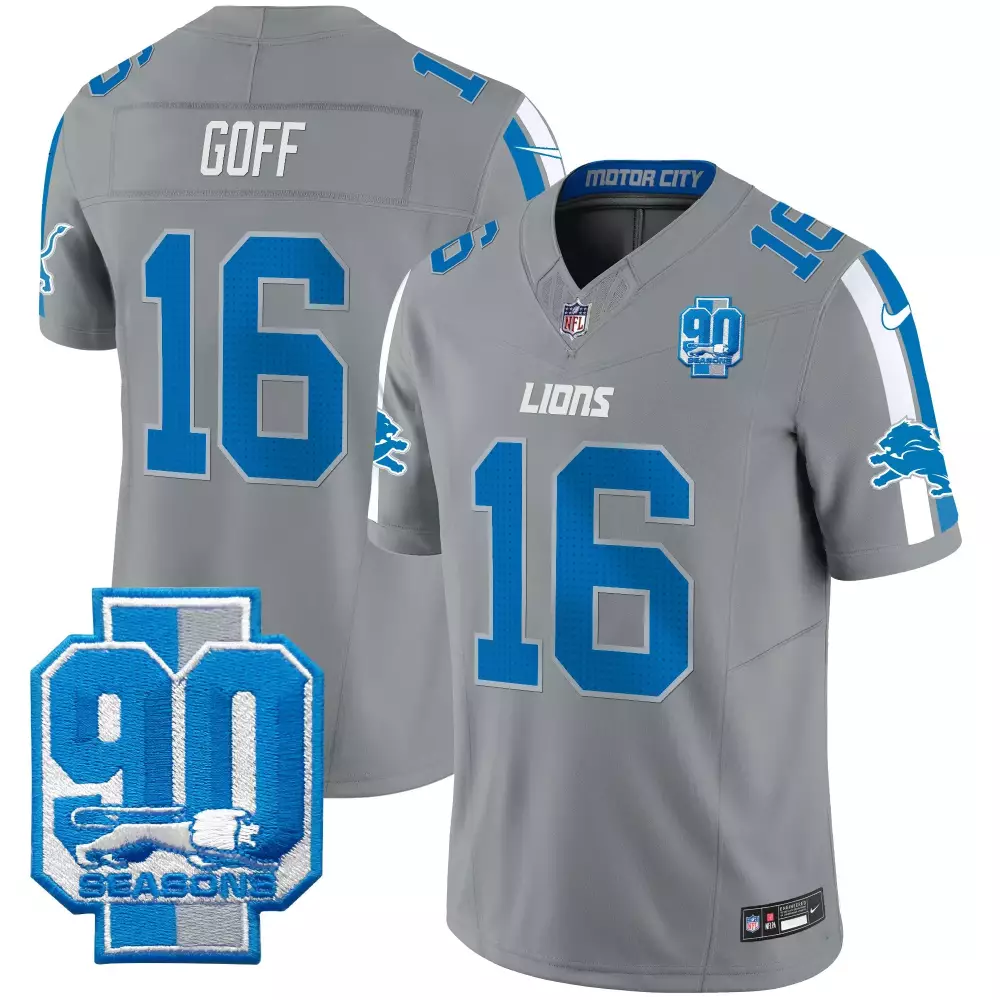 Jared Goff 16 Lions Jersey Grey 90 Seasons Men Standard Blue All Stitched Vapor