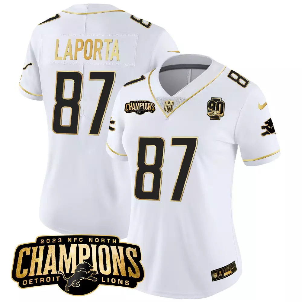Sam Laporta 87 Detroit Lions Jersey White Champions Edition 2023 NFC North 90 Seasons