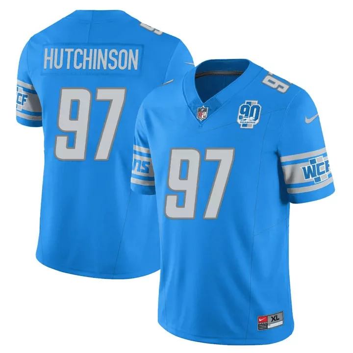 Aidan Hutchinson 97 Lions Jersey Blue 90 Seasons Men Silver White All Stitched Vapor