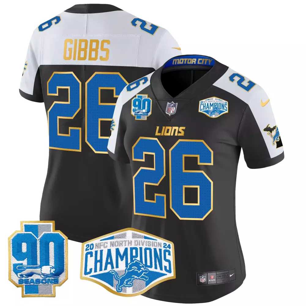 Jahmyr Gibbs 26 Lions Jersey Black 2024 NFC North Division Champions 90 Seasons Men
