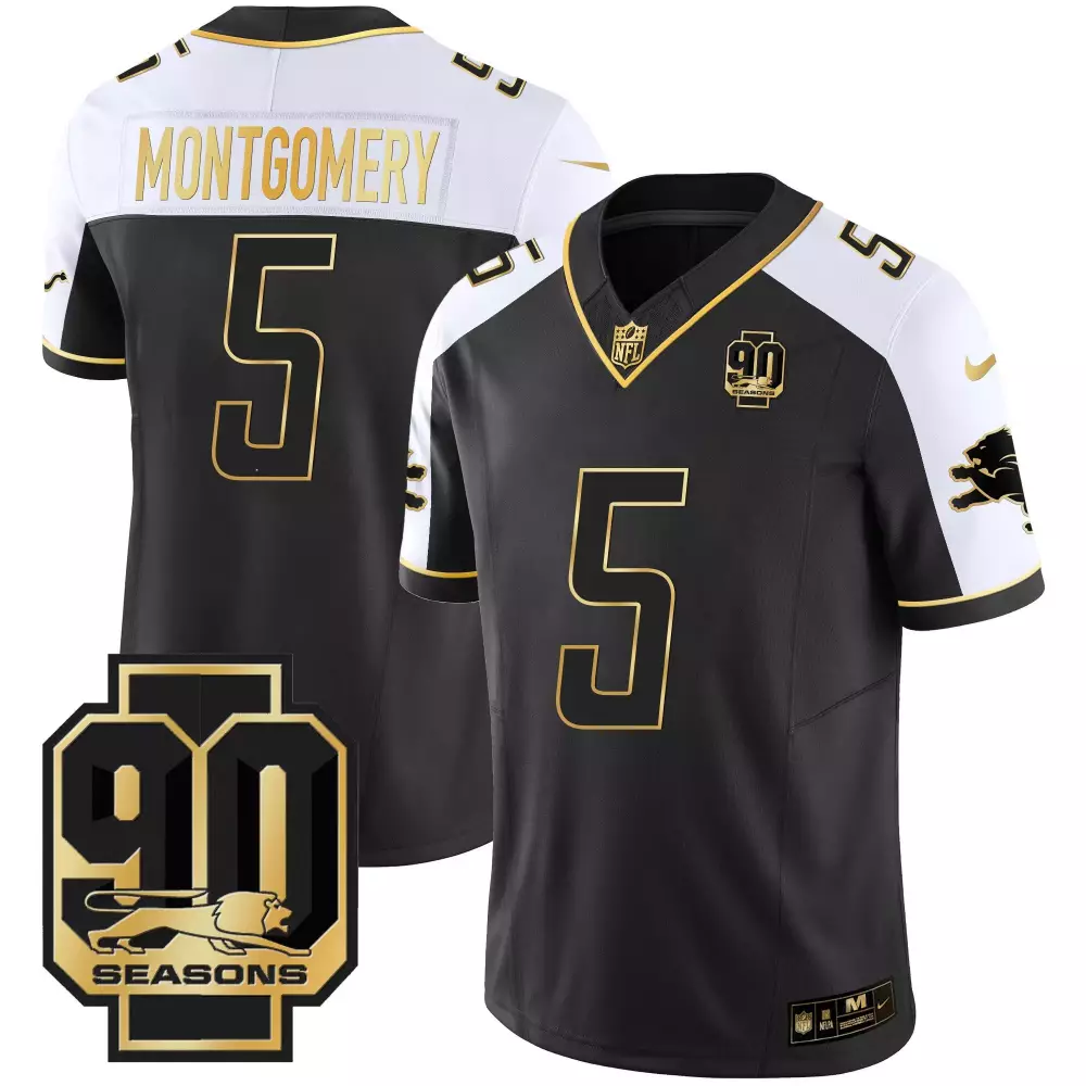 David Montgomery 5 Detroit Lions Jersey Black 90th Season 90 Seasons Men White Gold