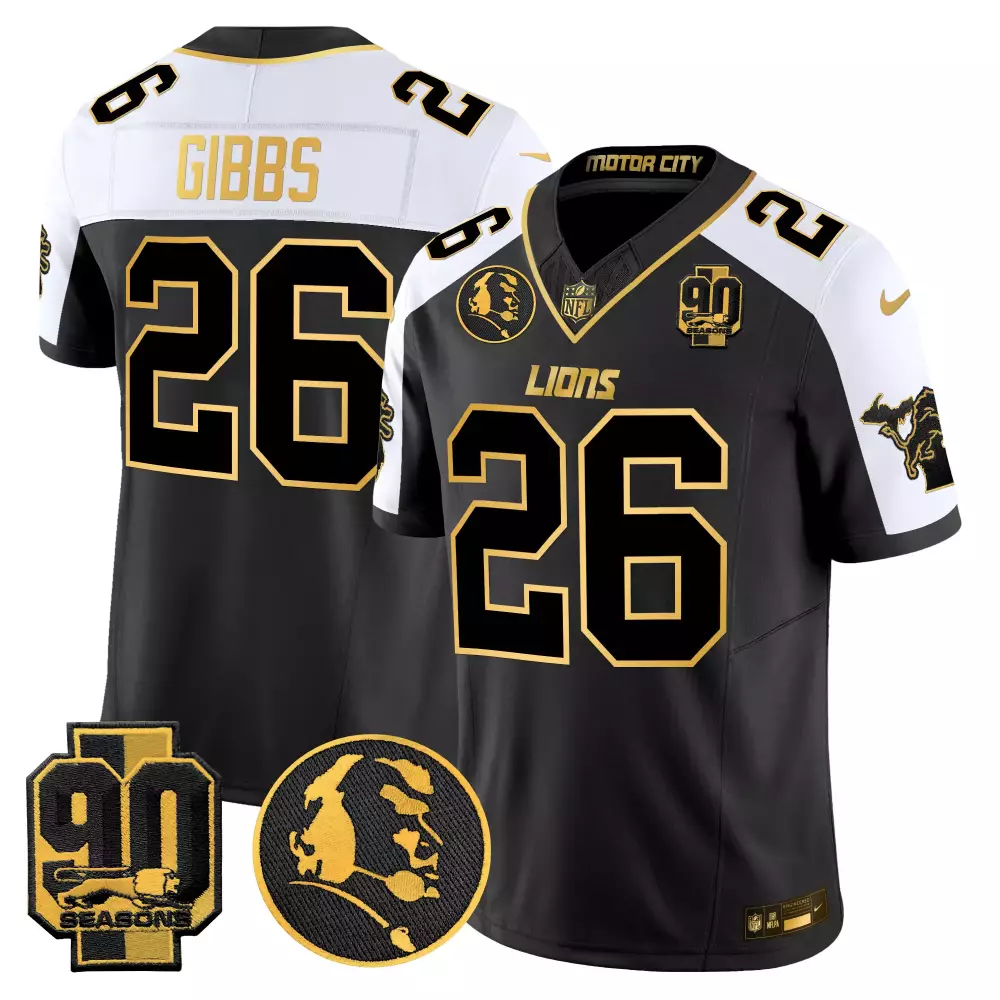 Jahmyr Gibbs 26 Lions Jersey Black 90th Season 90 Seasons Motor City 2023 Men White