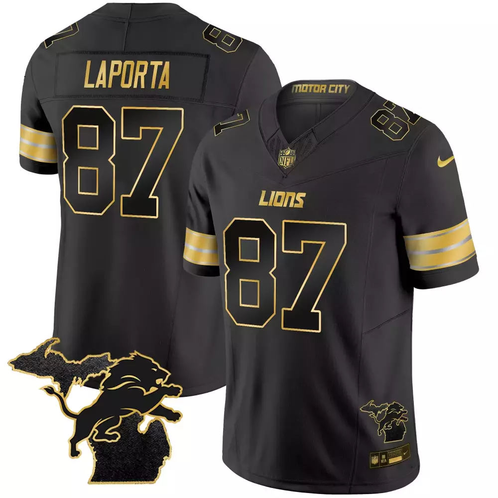 Sam Laporta 87 Lions Jersey Black Motor City Men Gold Vapor All Stitched