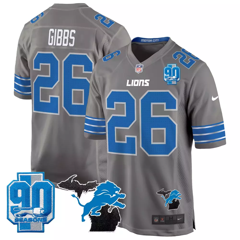 Jahmyr Gibbs 26 Lions Jersey Grey 90 Seasons Men Blue White Game All Stitched