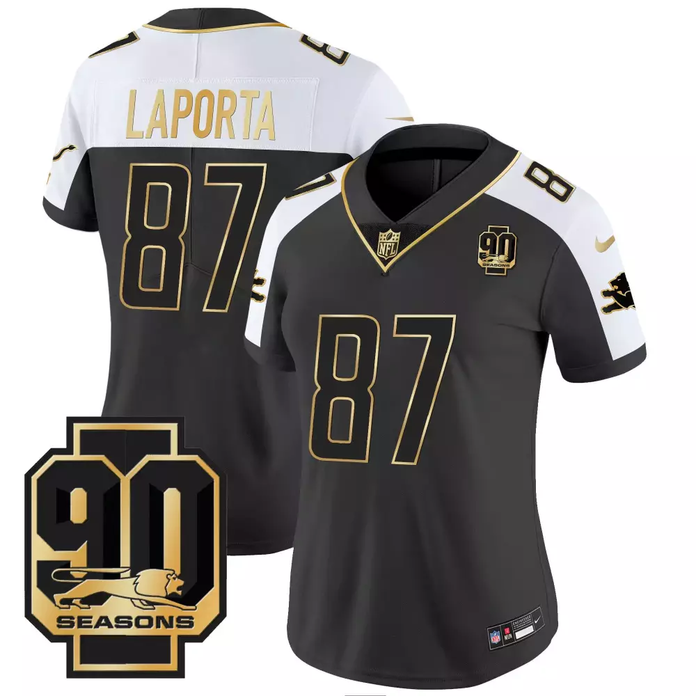 Sam Laporta 87 Detroit Lions Jersey Black 90 Seasons Men Alternate White Gold All