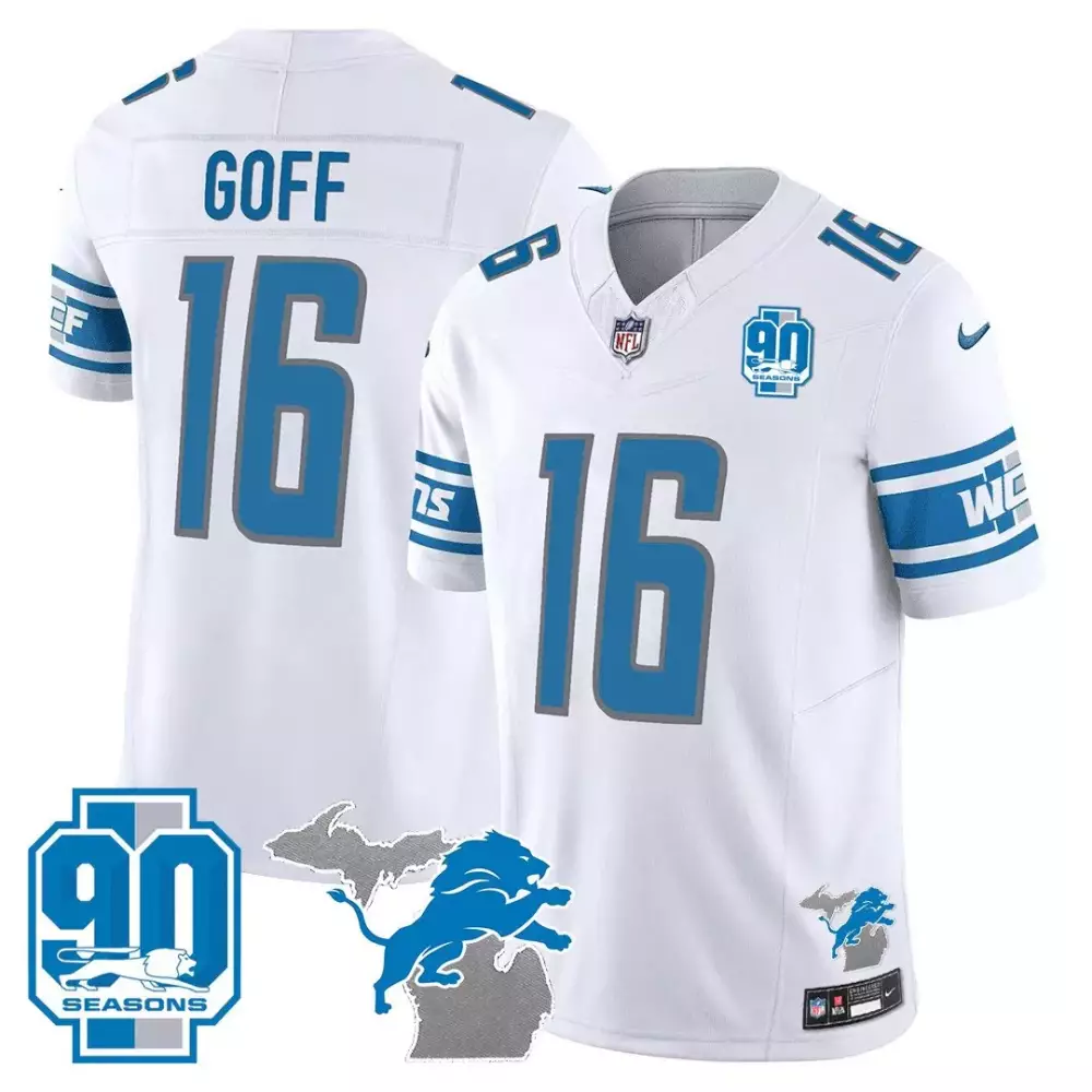 Jared Goff 16 Lions Jersey White 90 Seasons Men Alternate Blue Silver Vapor All Stitched