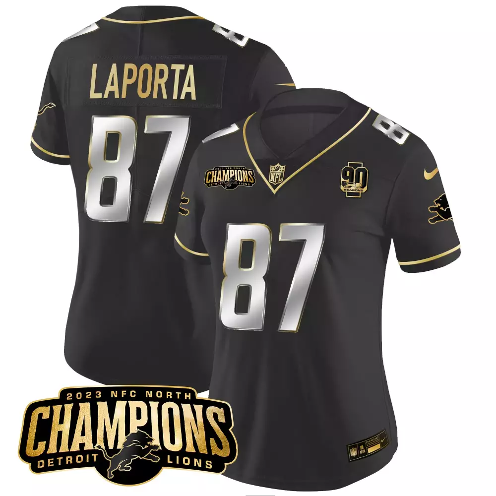 Sam Laporta 87 Detroit Lions Jersey Black 2023 NFC North Champions 90 Seasons Men