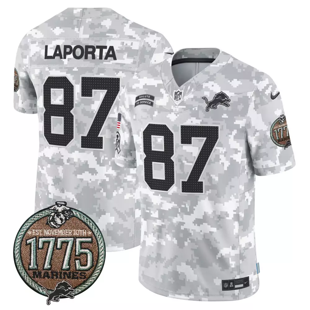 Sam Laporta 87 Detroit Lions Jersey Gray Salute To Service Us Flag 1775 Marines Men