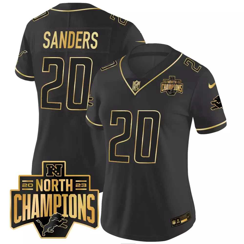 Barry Sanders 20 Detroit Lions Jersey Black NFC North Champions 2023 Men Gold Vapor