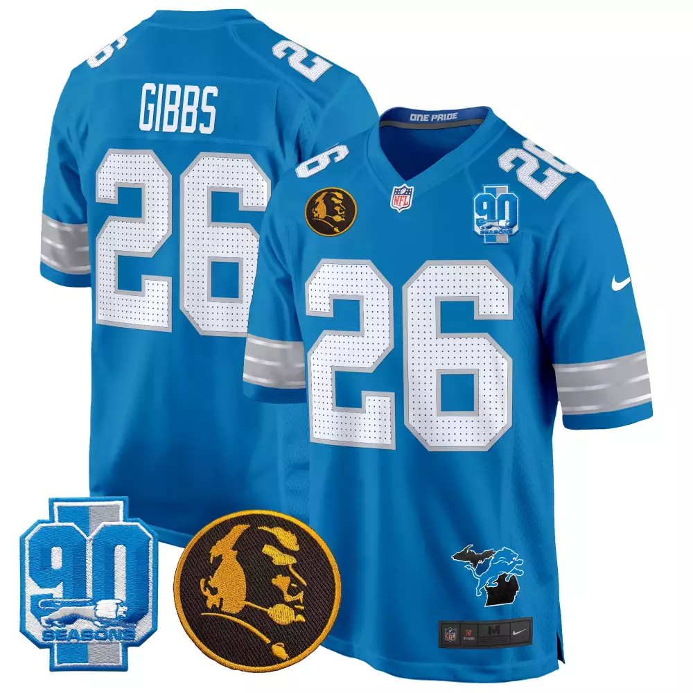 Jahmyr Gibbs 26 Detroit Lions Jersey Blue 90th Season 90 Seasons Barry Sanders Men