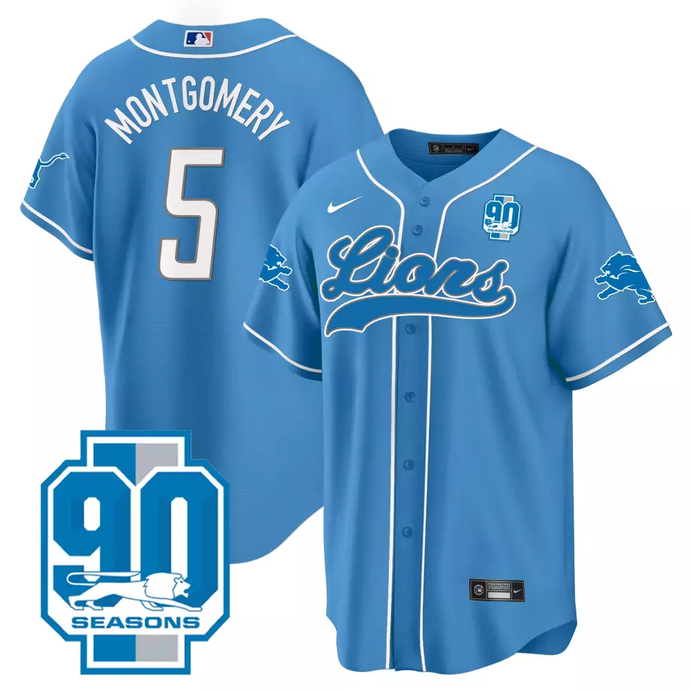 Montgomery Year 5 Lions Jersey Blue 90 Seasons Men White All Stitched