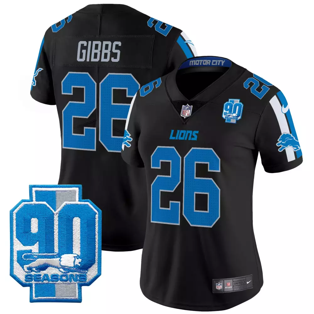 Jahmyr Gibbs 26 Lions Jersey Black 90th Season 90 Seasons Women Replica Blue White