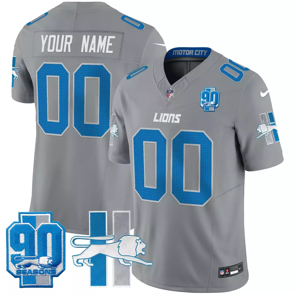 Custom Lions Jersey Gray 90 Seasons Motor City Men Blue White Throwback Vapor Limited