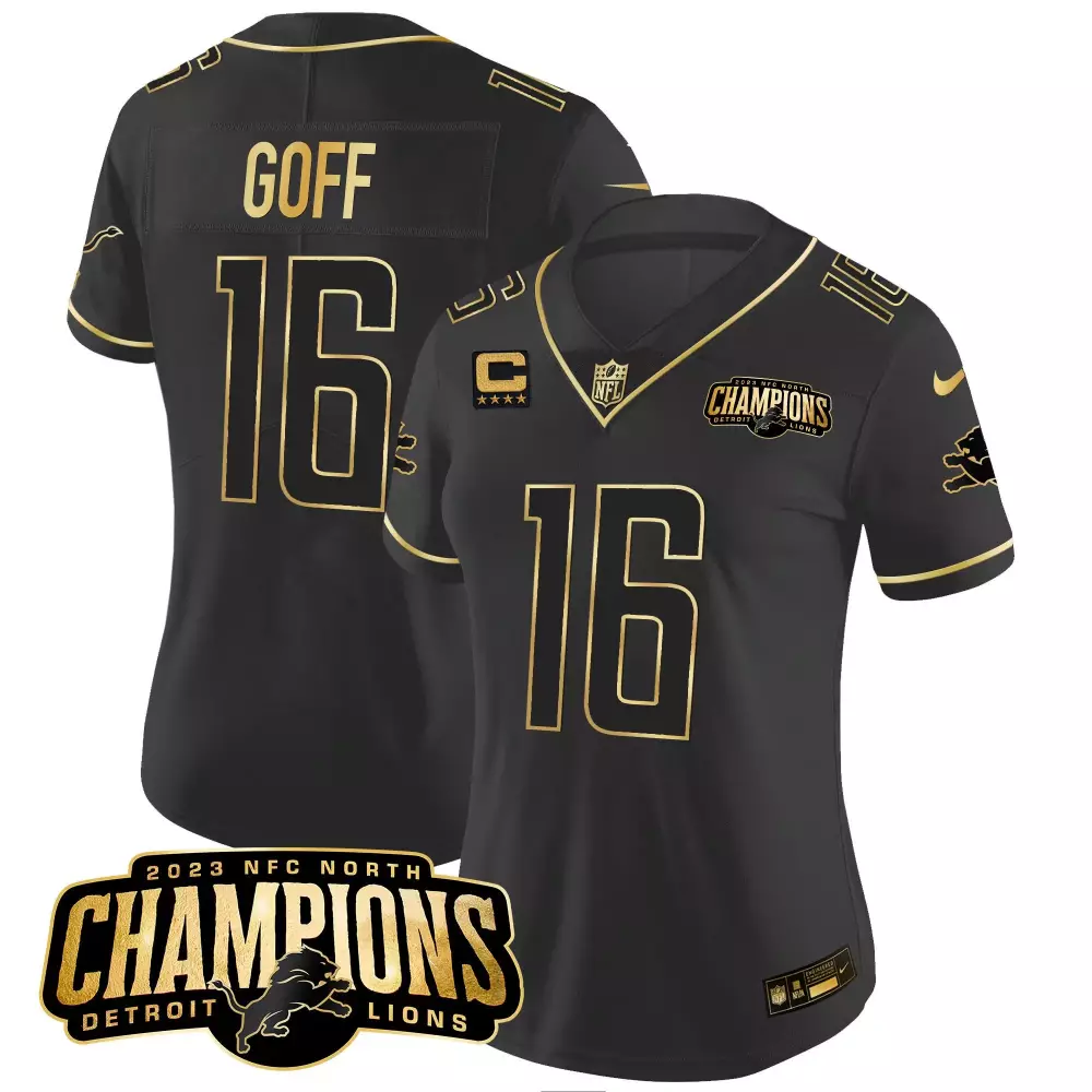 Jared Goff 16 Detroit Lions Jersey Black 2023 NFC North Champions Men Gold Vapor