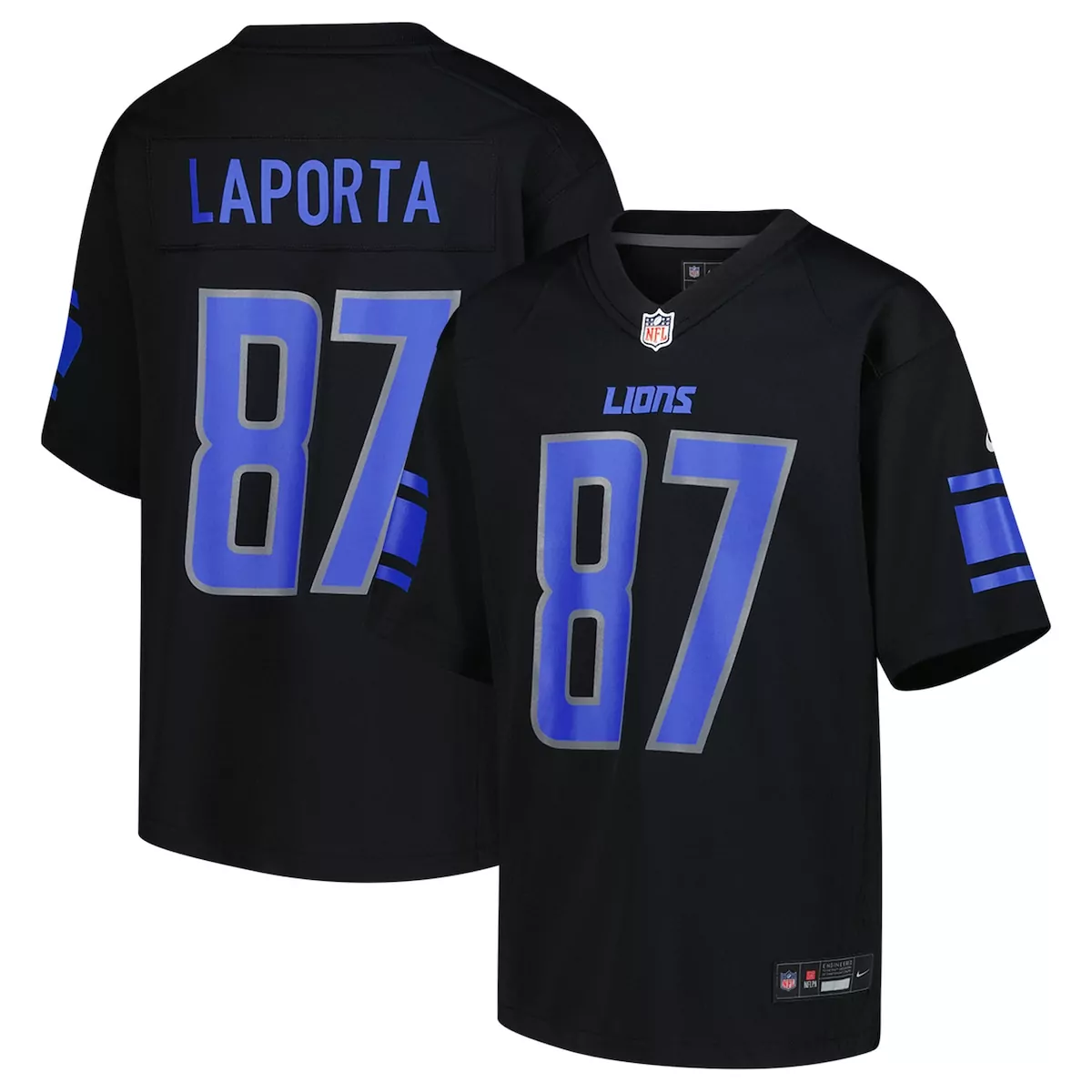 Sam Laporta 87 Lions Jersey Black Men Player Blue Silver Game