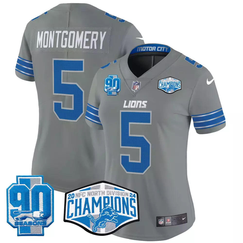 David Montgomery 5 Lions Jersey Gray 90th Season 90 Seasons Men Blue White Vapor