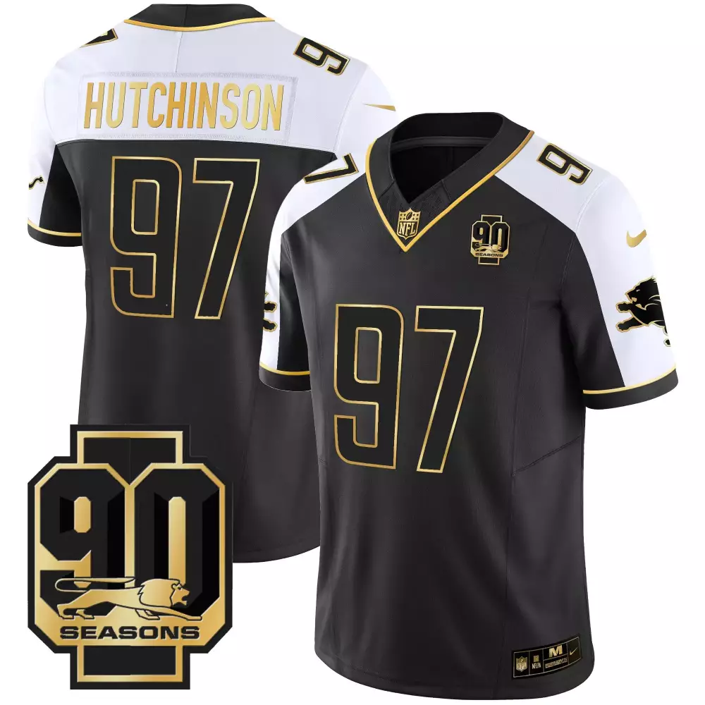 Hutchinson Year 97 Detroit Lions Jersey Black 90 Seasons Men NFL White Gold Alternate
