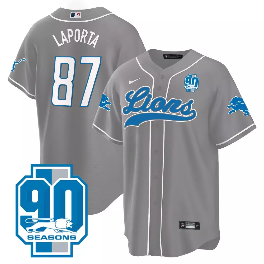 Sam Laporta 87 Lions Jersey Gray 90 Seasons Men Blue White All Stitched
