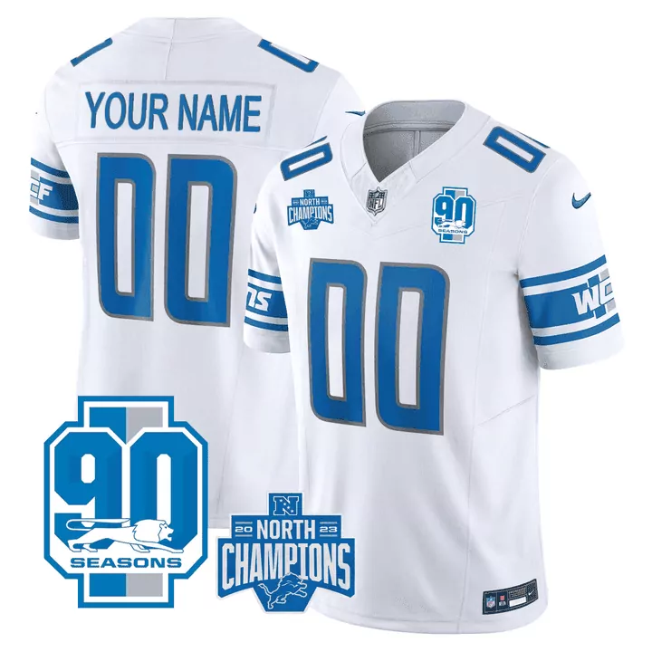 Custom Detroit Lions Jersey White 90 Seasons 2023 North Champions Men Blue Gray Vapor