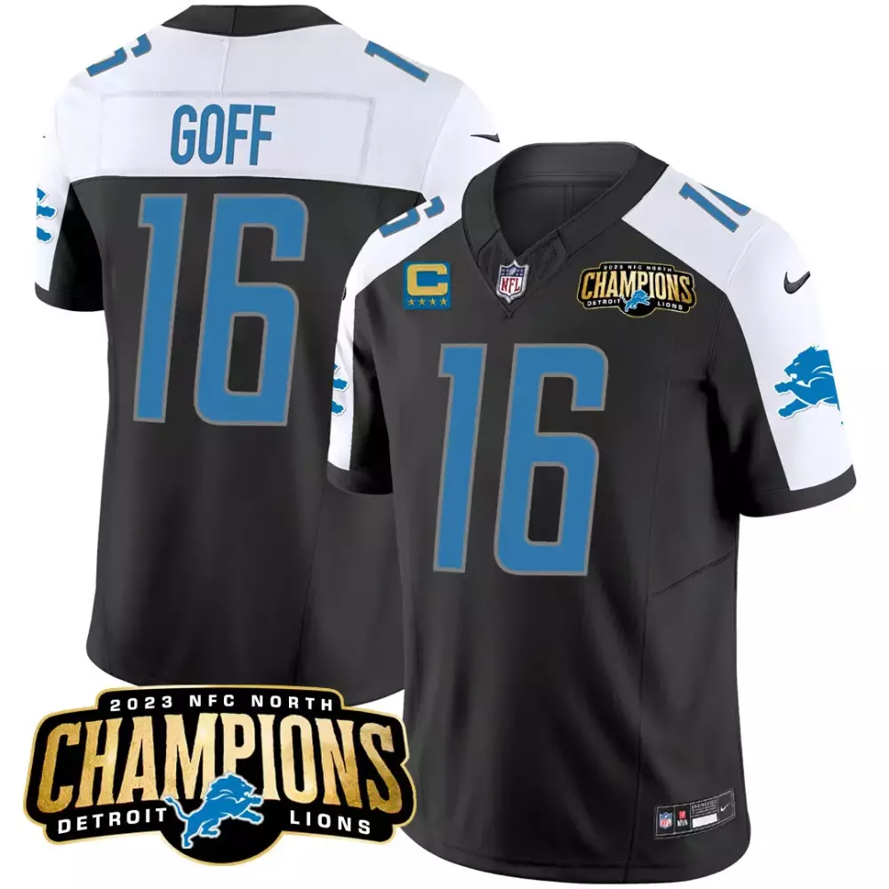 Jared Goff 16 Detroit Lions Jersey Black 2023 NFC North Champions Men White Blue