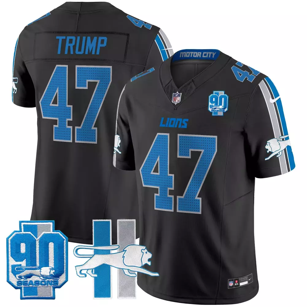 Donald Trump 47 Lions Jersey Black 90 Seasons Men Player Blue Silver Throwback Vapor
