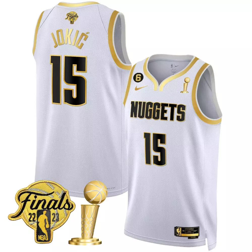 Nikola Jokic 15 Nuggets Jersey White 2023 NBA Finals Men Gold Black All Stitched