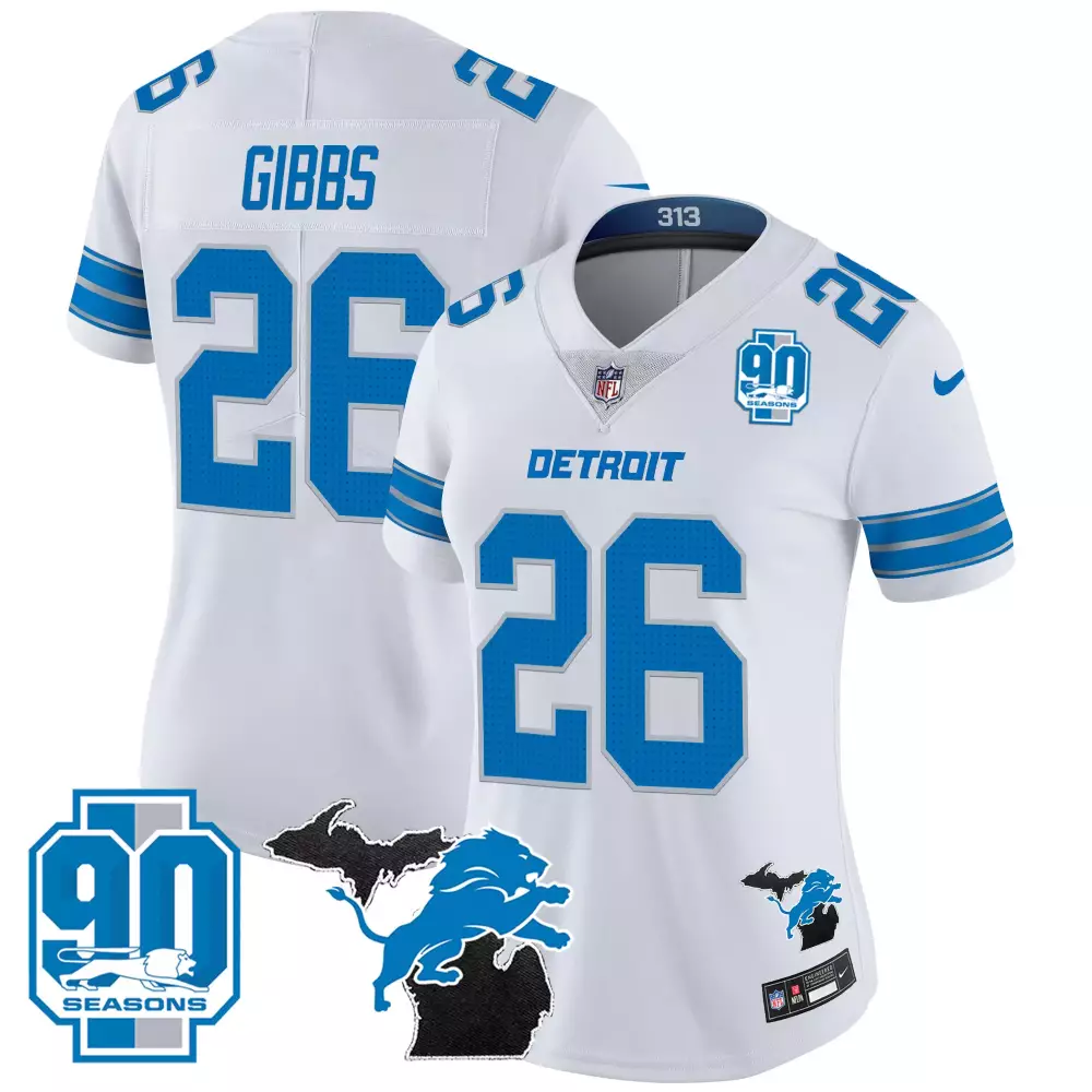 Jahmyr Gibbs 26 Detroit Lions Jersey White 90 Seasons Women Player Blue Silver Vapor