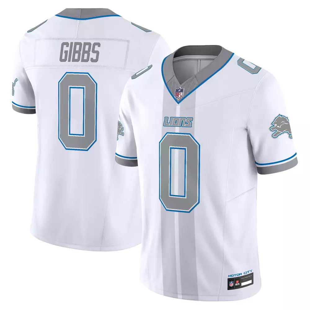 Jahmyr Gibbs Lions Jersey White Men Replica Grey Blue Stitched Limited