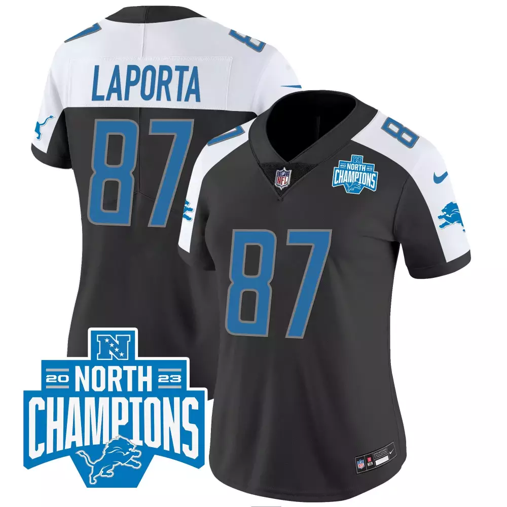 Sam Laporta 87 Detroit Lions Jersey Black NFC North Champions 2023 Men Replica Alternate