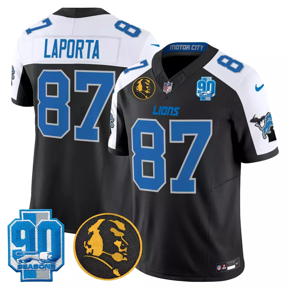 Sam Laporta 87 Lions Jersey Black 90th Anniversary 90 Seasons Head Men NFL Alternate