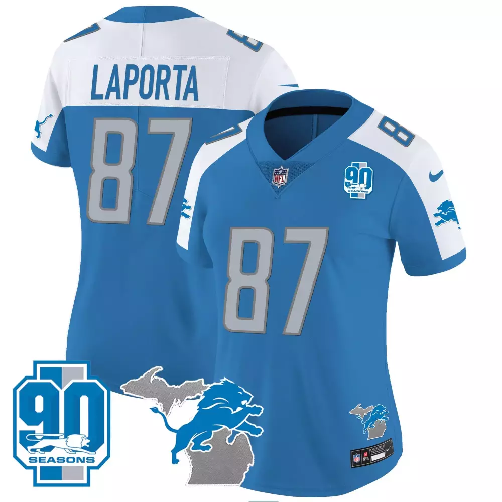 Sam Laporta 87 Lions Jersey Blue 90 Seasons Men Replica White Gray Alternate Vapor
