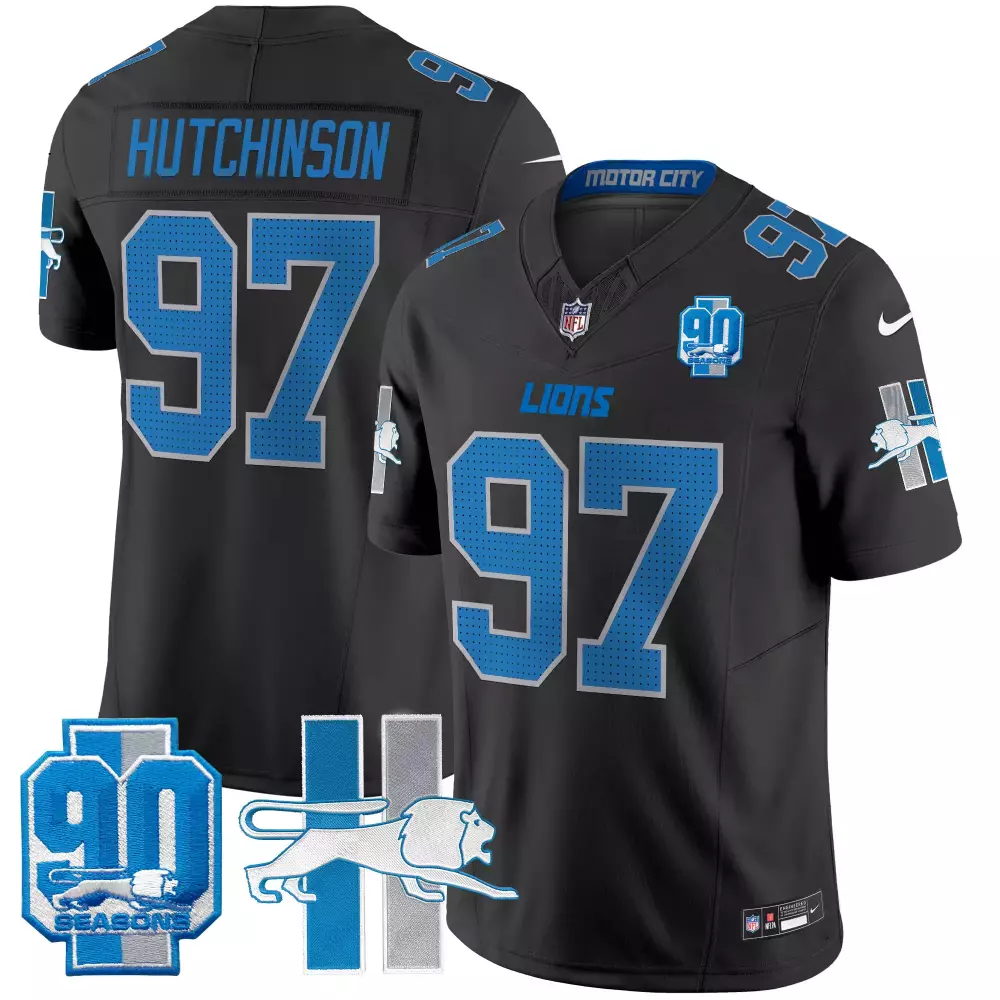 Aidan Hutchinson 97 Lions Jersey Black 90th Season 90 Seasons 2023 Men Player Blue