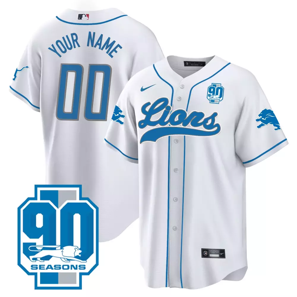Custom Lions Jersey White 90 Seasons Blue All Stitched