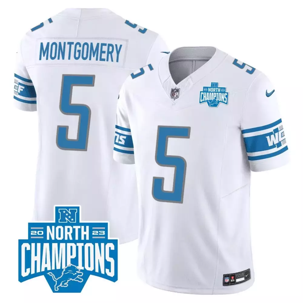 David Montgomery 5 Detroit Lions Jersey White 2023 North Champions Men Blue Gray