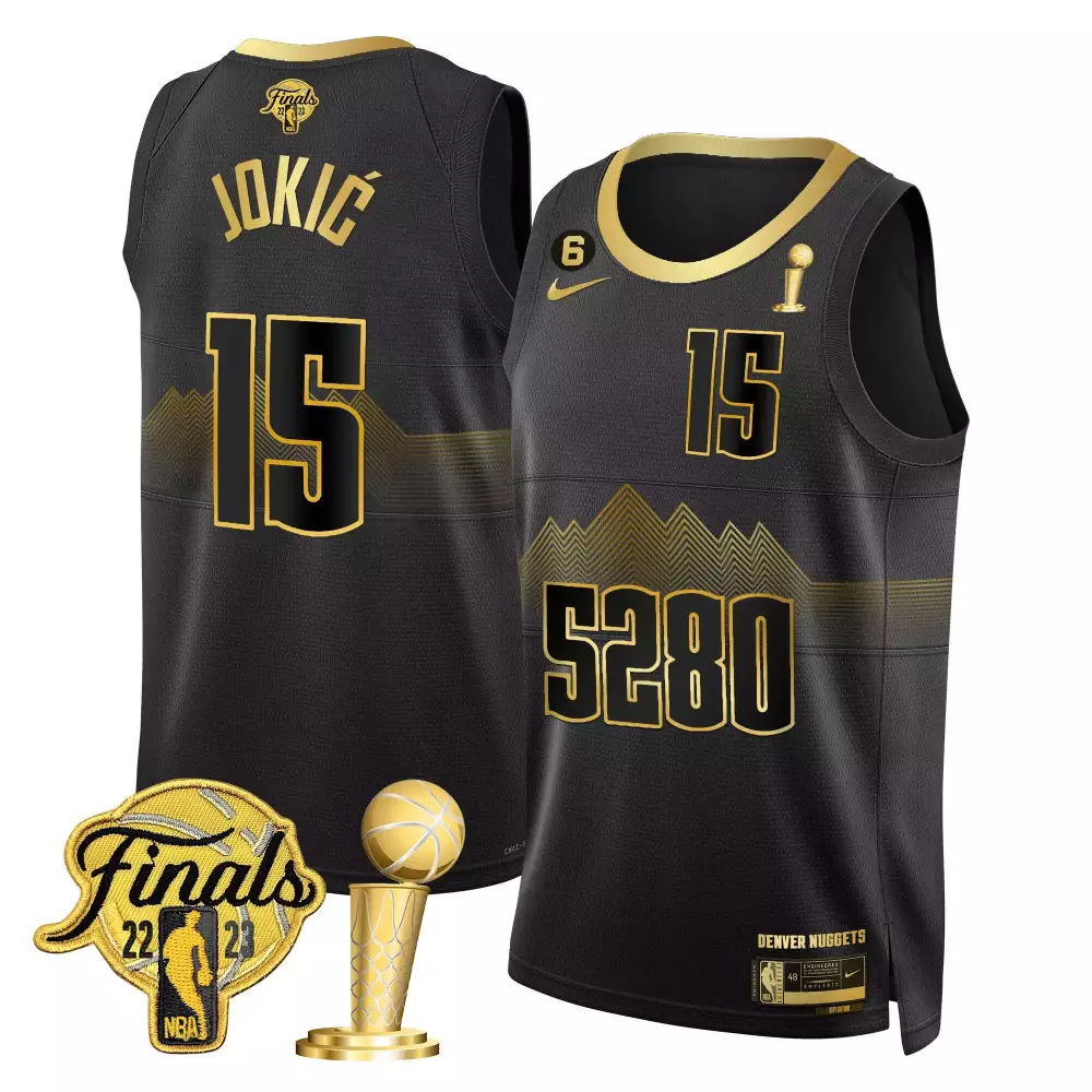 Nikola Jokic 15 Denver Nuggets Jersey Black 2023 NBA Finals Men Gold v2 All Stitched
