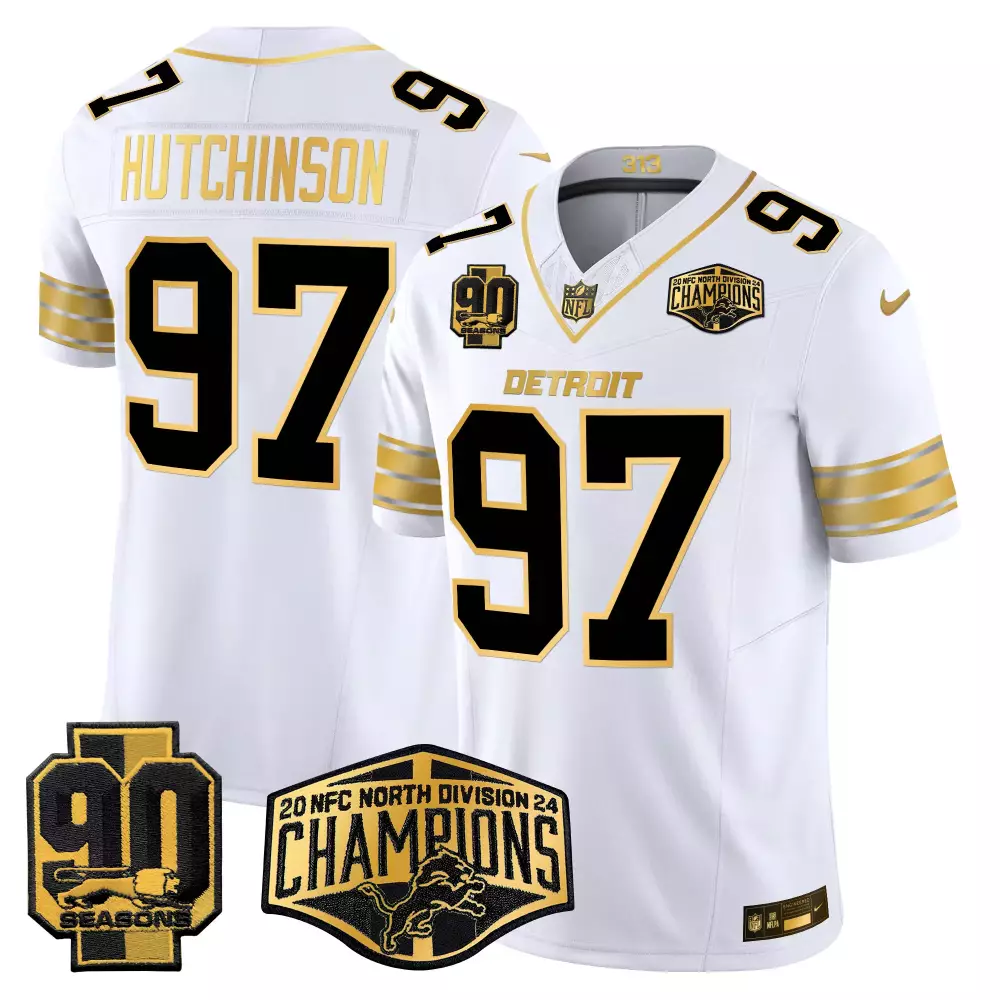Hutchinson Division 97 Jersey White 2024 NFC North Champions Detroit Lions 90 Seasons