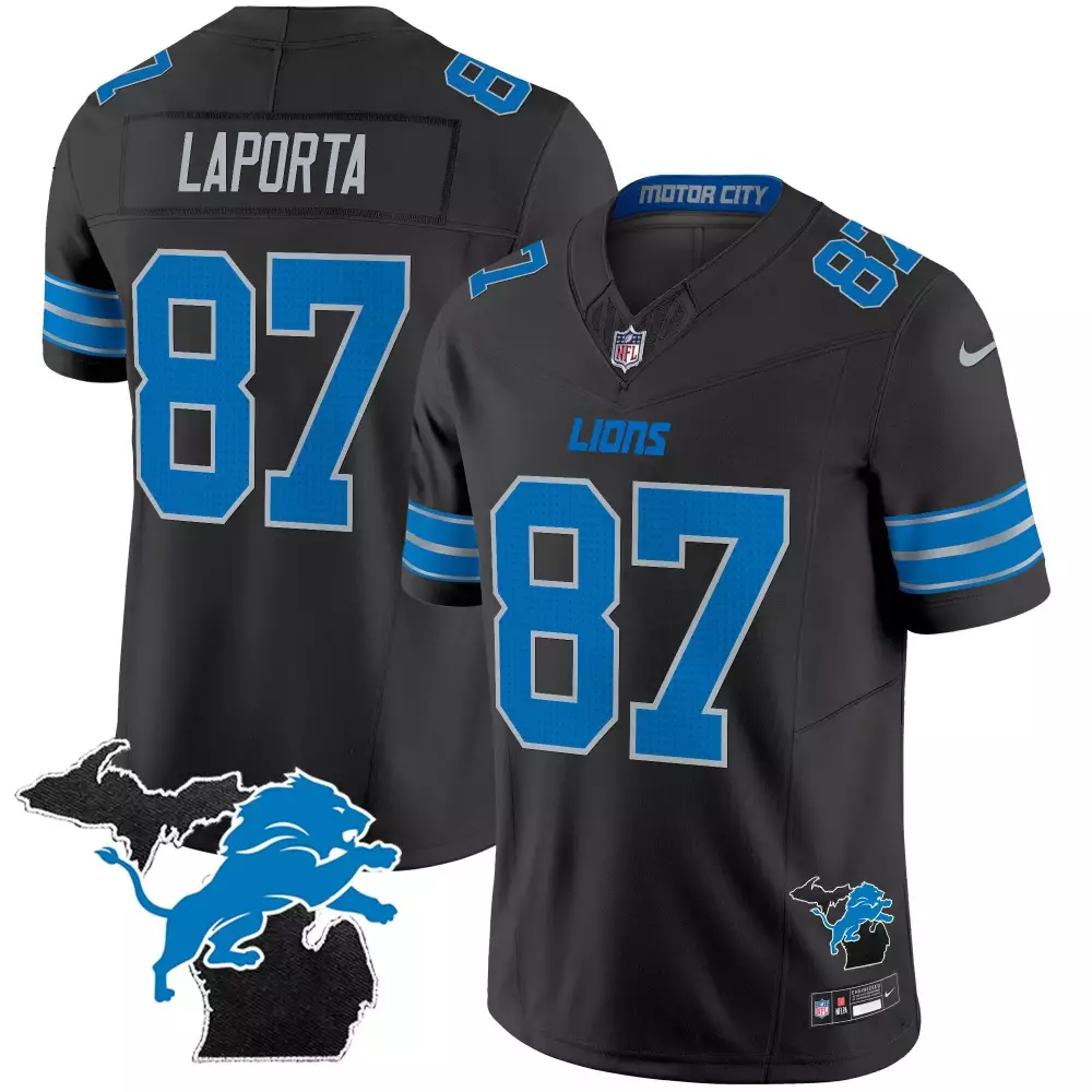 Sam Laporta 87 Lions Jersey Black Motor City Men Replica Blue Silver Vapor Limited