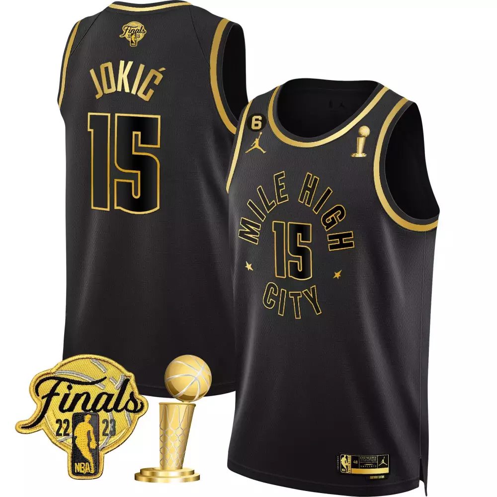 Nikola Jokic 15 Denver Nuggets Jersey Black NBA Finals 2023 Men Gold All Stitched