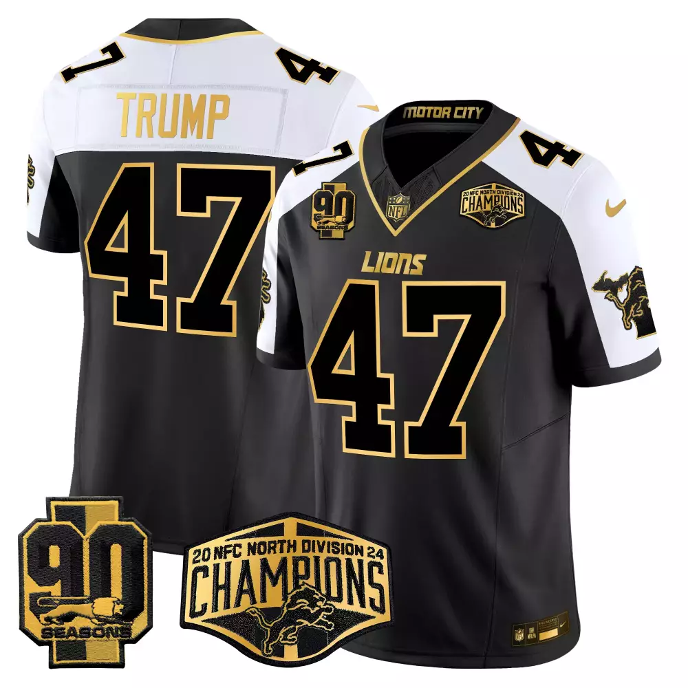 Donald Trump 47 Lions Jersey Black 2024 NFC North Division Champions 90 Seasons Men