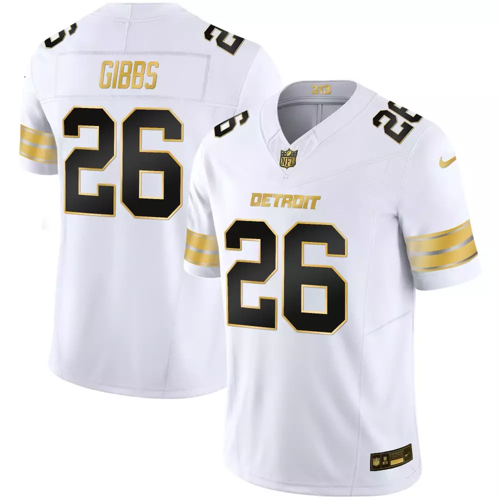 Jahmyr Gibbs 26 Detroit Lions Jersey White Men Alternate Black Gold Vapor Limited