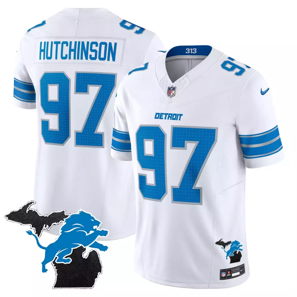 Aidan Hutchinson 97 Detroit Lions Jersey White Men Replica Blue Silver Vapor Limited