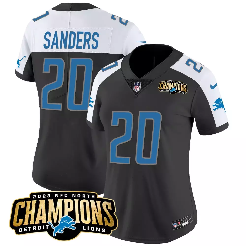 Barry Sanders 20 Detroit Lions Jersey Black 2023 NFC North Champions Women NFL Alternate