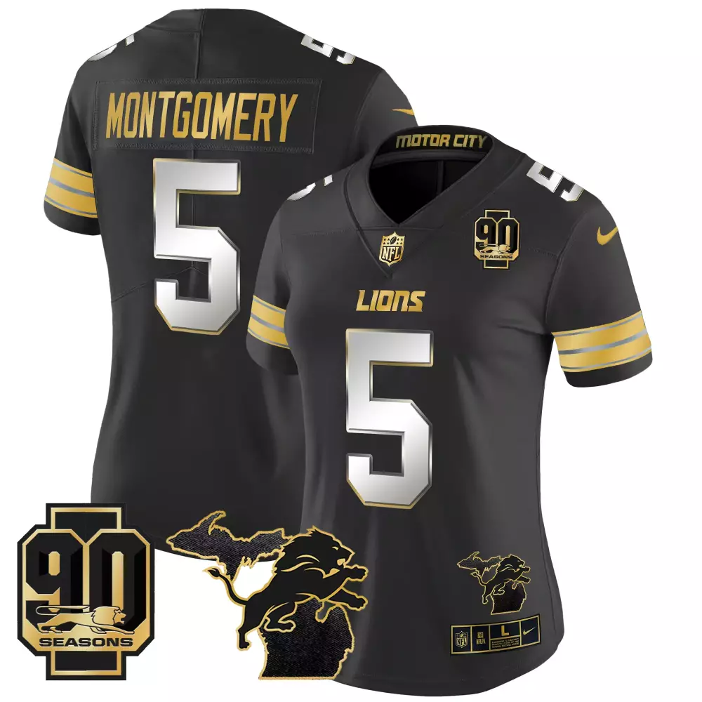 David Montgomery 5 Lions Jersey Black 90 Seasons Motor City Men Replica Gold Silver