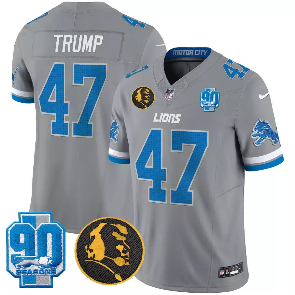 Donald Trump 47 Lions Jersey Gray 90TH Season 90 Seasons Motor City Men Blue White