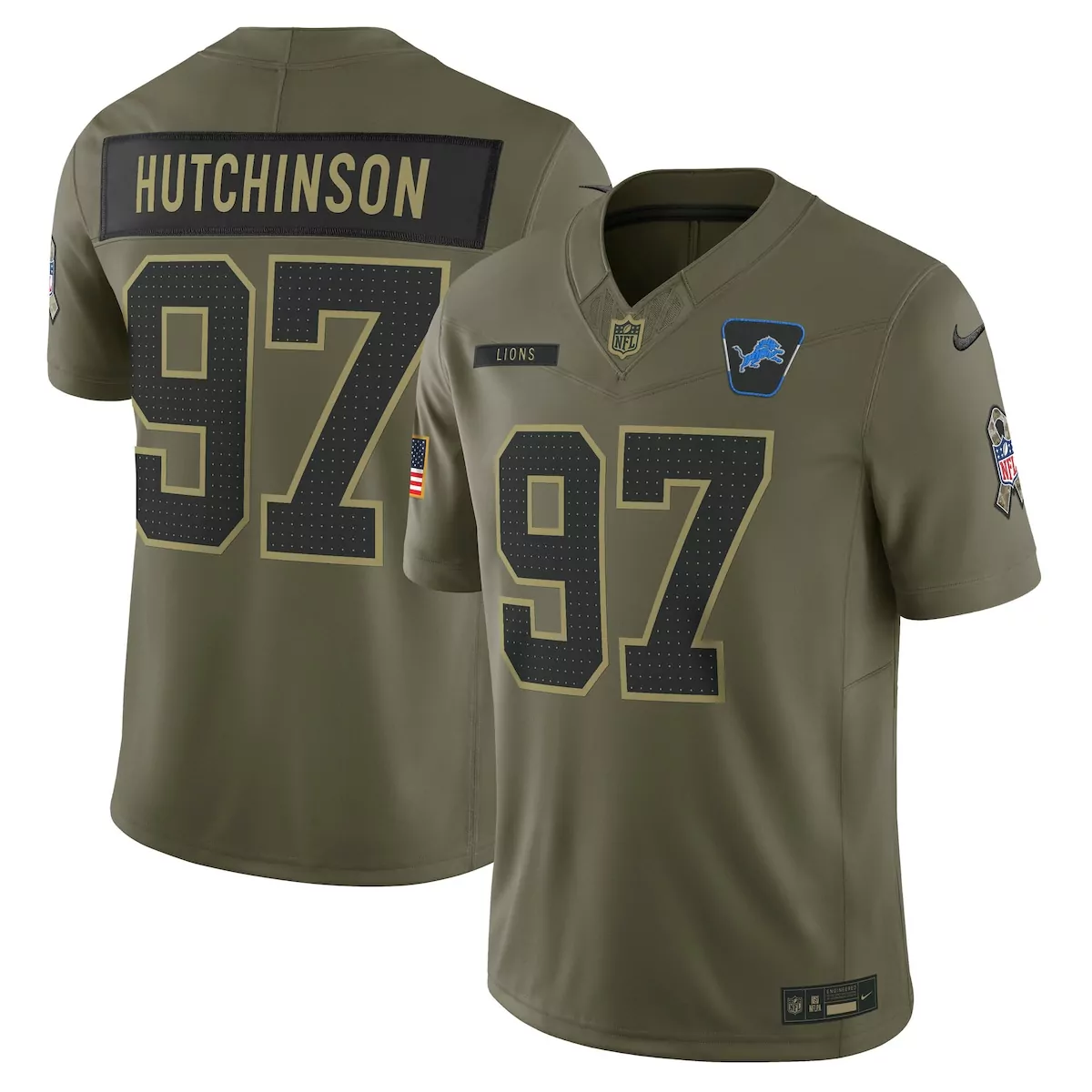 Aidan Hutchinson 97 Detroit Lions Jersey Olive Green USA Flag Salute To Service Men