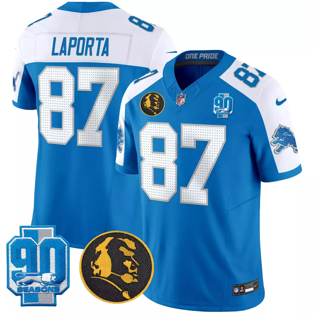 Sam Laporta 87 Lions Jersey Blue 90th Season 90 Seasons Lion Head Men Standard White