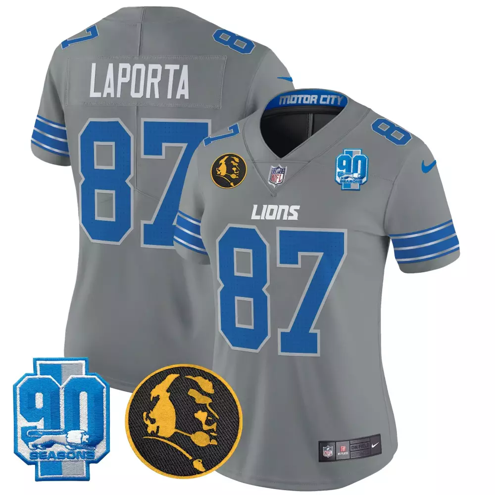 Sam Laporta 87 Lions Jersey Grey 90th Season 90 Seasons Lion Head Women Replica Blue