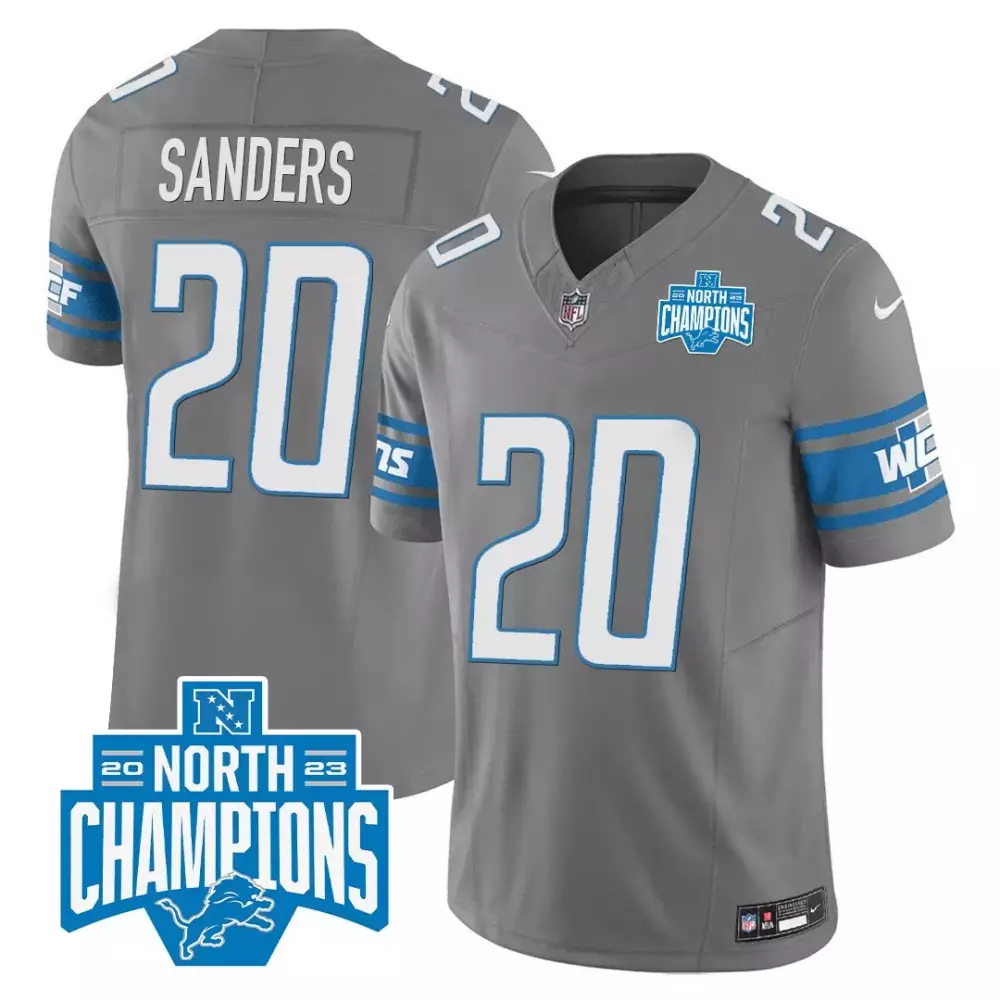 Barry Sanders 20 Detroit Lions Jersey Gray 2023 North Champions Men Nike NFL Blue